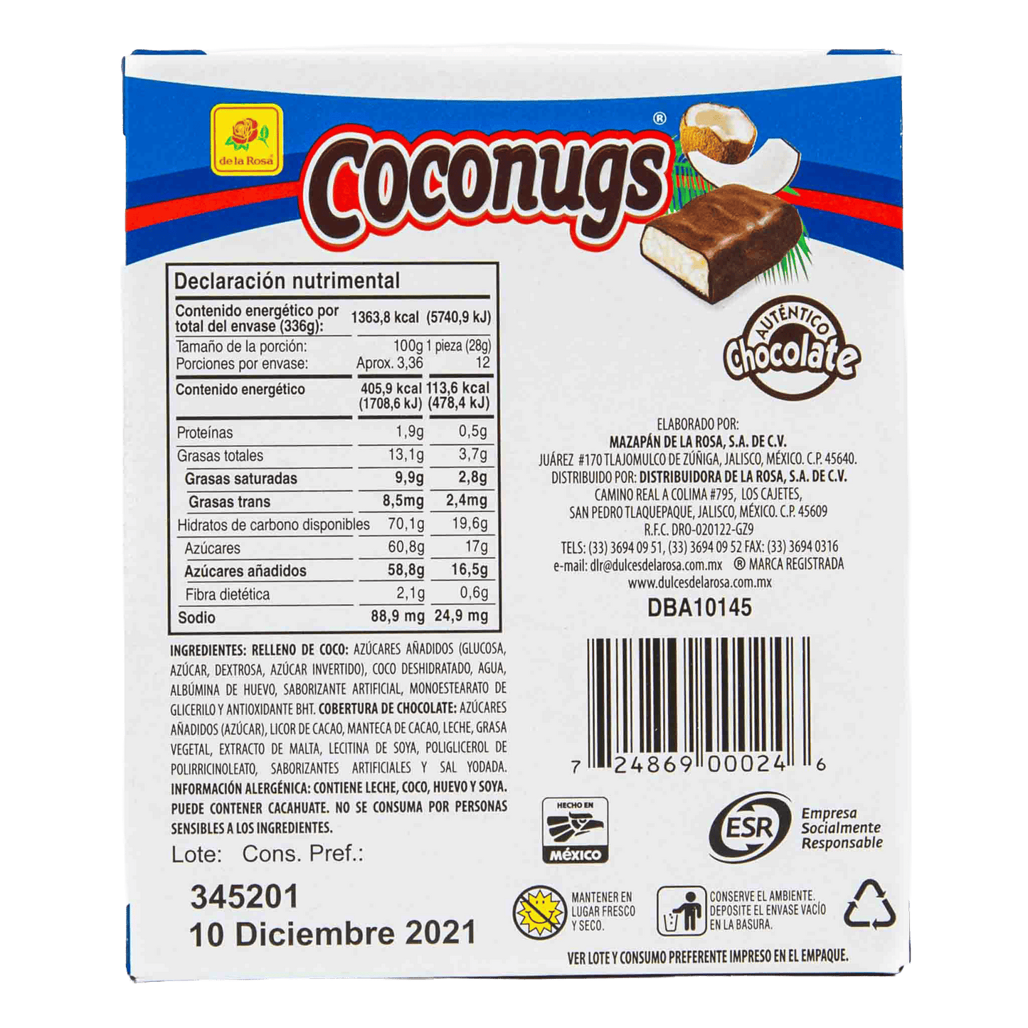Chocolate CocoNugs con Coco rallado 12 piezas 28 grs