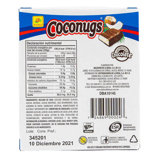 Chocolate CocoNugs con Coco rallado 12 piezas 28 grs