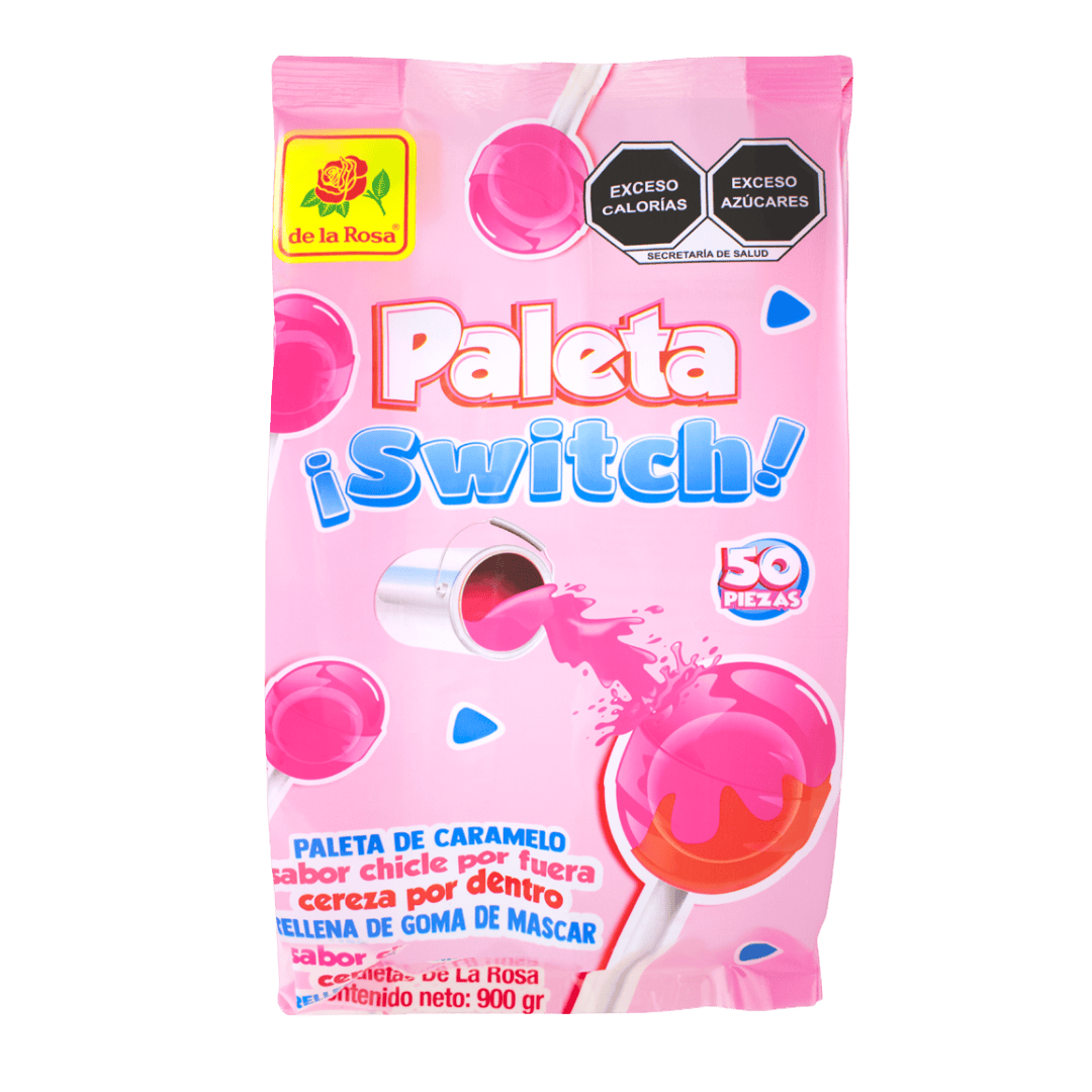 Paleta ¡Switch! Sabor Chicle por fuera, Cereza por dentro 50 piezas