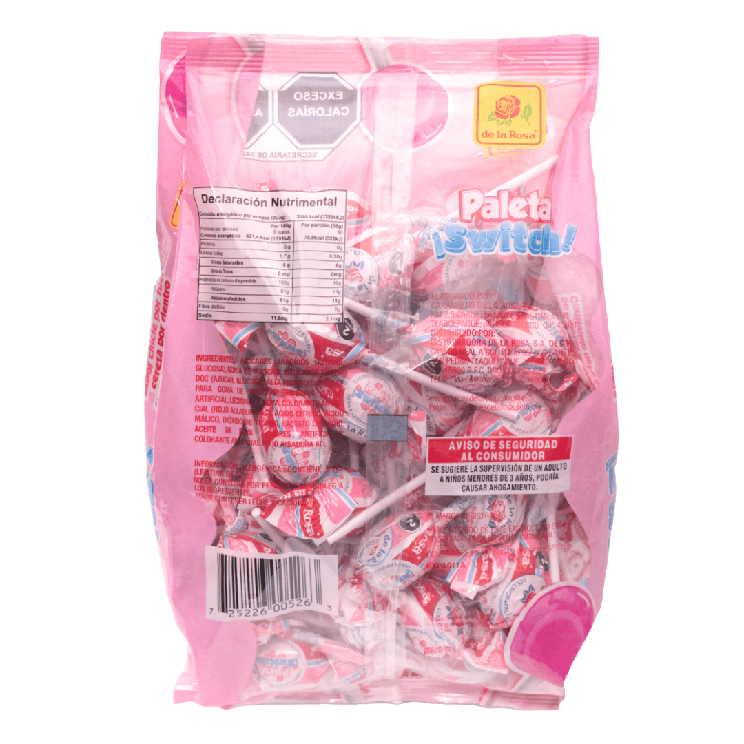 Paleta ¡Switch! Sabor Chicle por fuera, Cereza por dentro 50 piezas