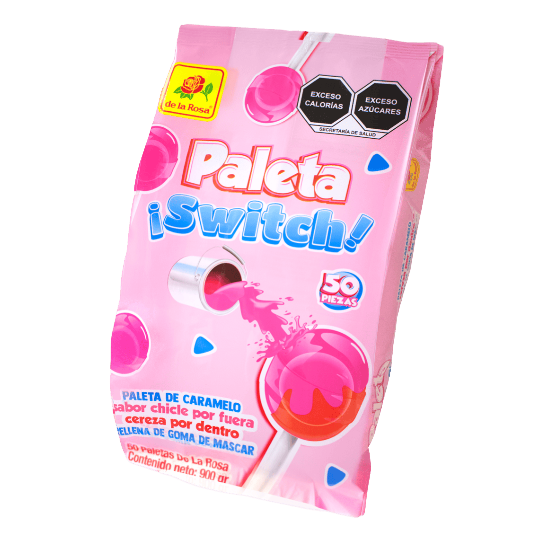 Paleta ¡Switch! Sabor Chicle por fuera, Cereza por dentro 50 piezas