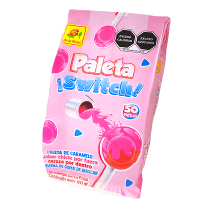 Paleta ¡Switch! Sabor Chicle por fuera, Cereza por dentro 50 piezas